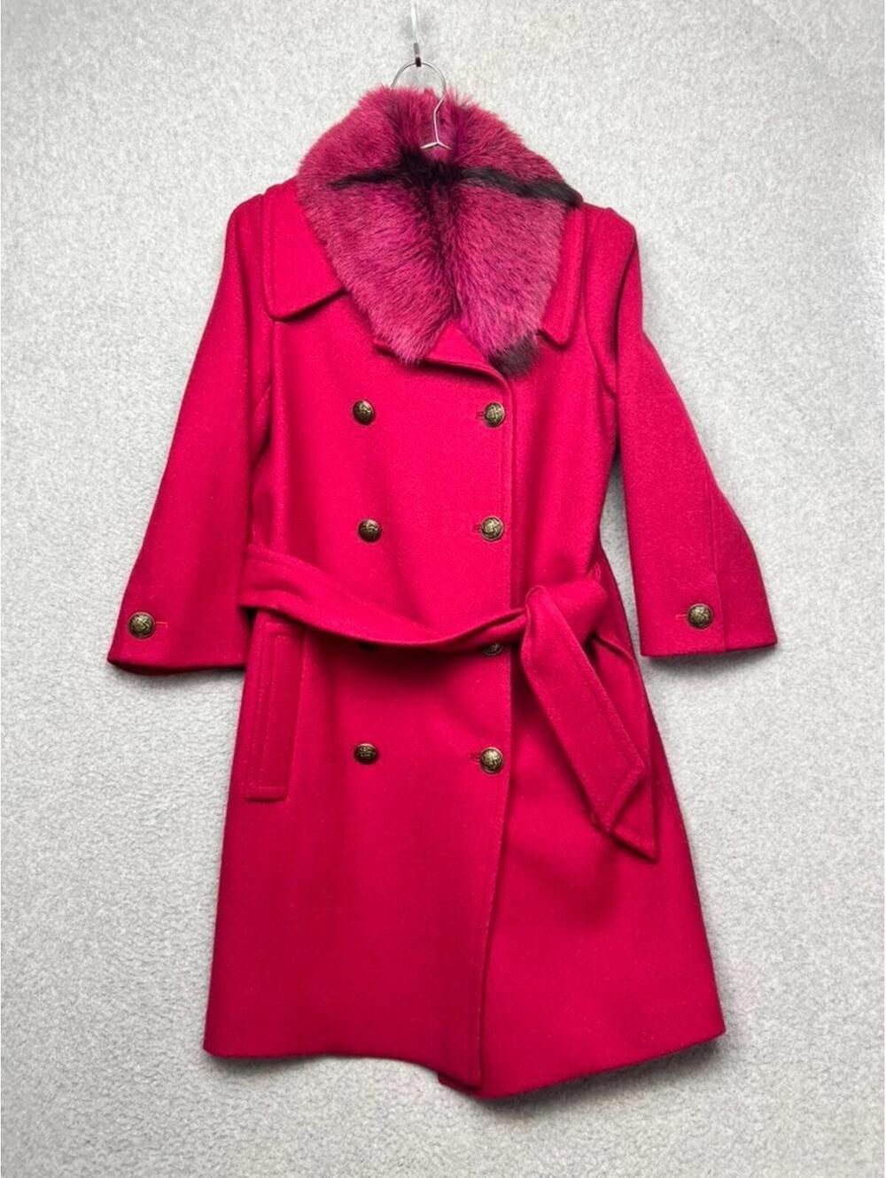 Rachel Zoe Pink Faux Fur Trimmed Wool Double Breasted Coat Gold Buttons Size 2